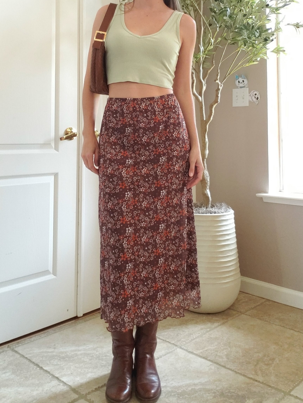 Brown + Orange Boho Floral Lettuce Trim Midi Skirt - Picture 2 of 7